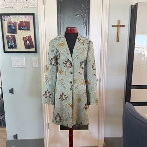 CAbi Vintage Women's Jacobean Tapestry Coat in Blue and Gold